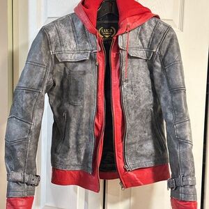 Men's Red and Gray Leather Bomber Jacket